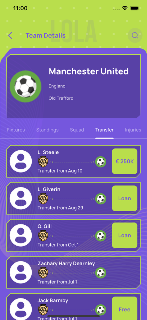 LOLA FOOTBALL - LOLA FOOTBALL app showing Manchester United team transfer details and player market updates