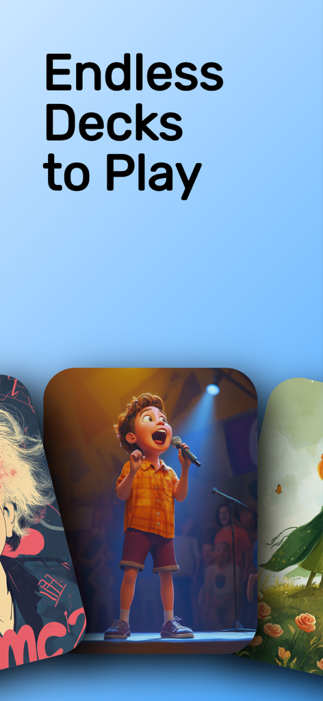 Hands Up! Charades Headbands - Hands Up app screenshot displaying various themed charades decks with the text Endless Decks to Play