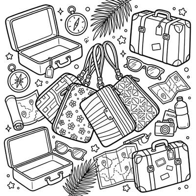 Get ready for an exciting journey with this detailed coloring page featuring stylish wristlet bags amidst a collection of vacation essentials. Explore maps, suitcases, and other travel items, all waiting for your creative touch.