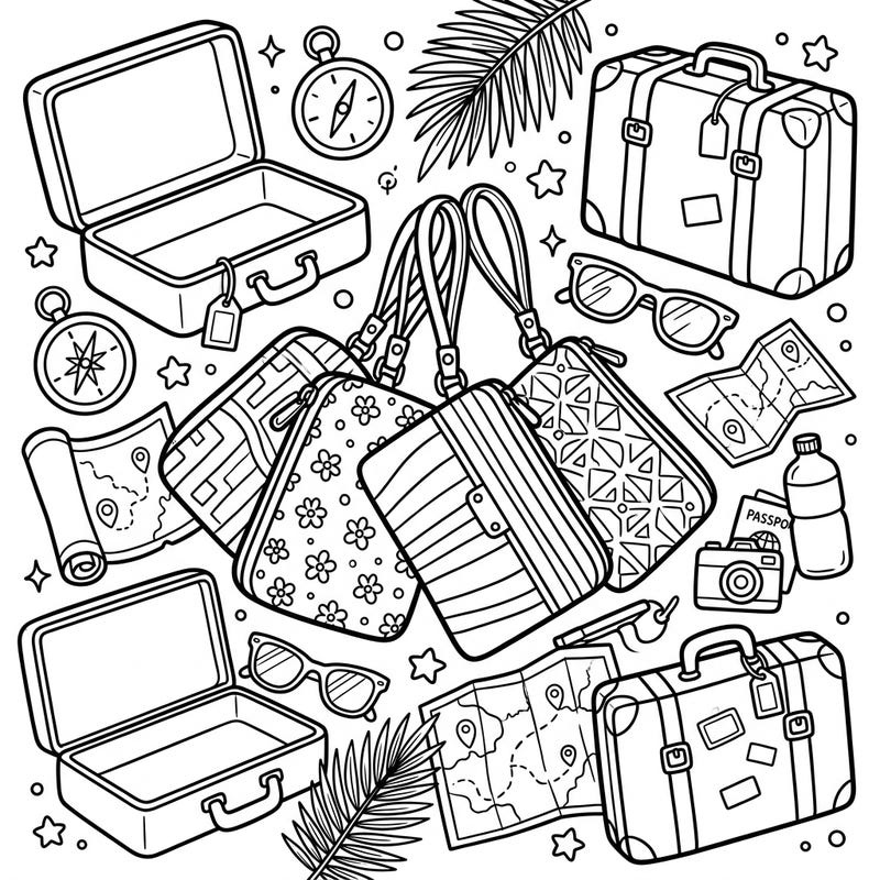 Get ready for an exciting journey with this detailed coloring page featuring stylish wristlet bags amidst a collection of vacation essentials. Explore maps, suitcases, and other travel items, all waiting for your creative touch.