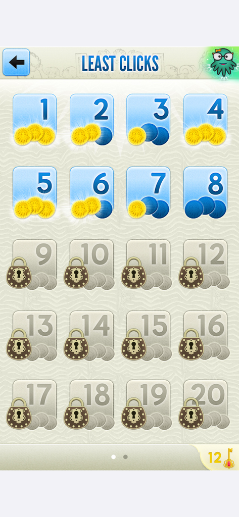 Level selection screen for the Least Clicks game mode in The Wiki Game showing unlocked and locked levels with gold coin rewards