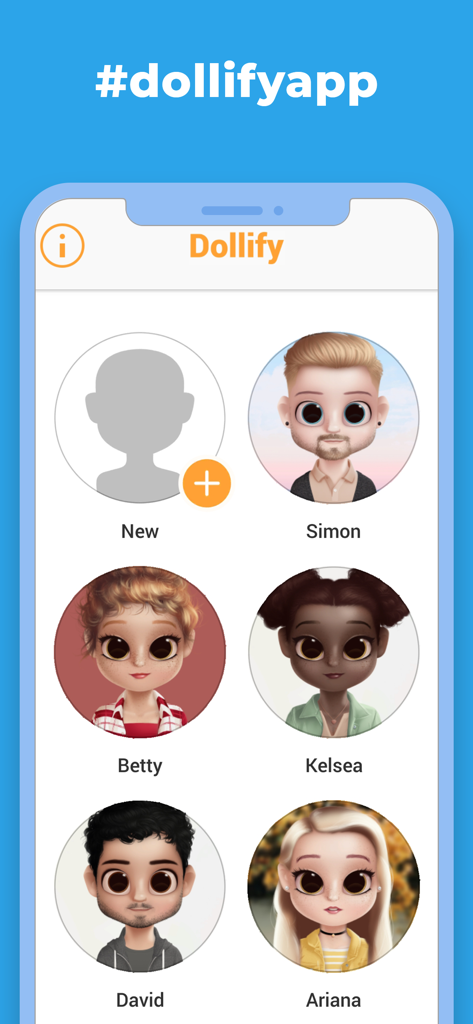 Dollify - Dollify app interface showing a gallery of custom cute character avatars