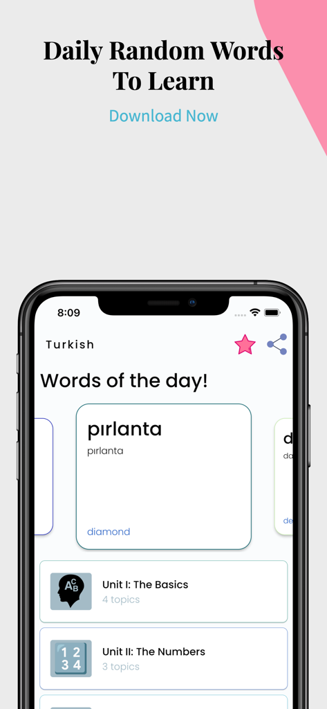 Interface de l'application Learn Turkish affichant le mot du jour 'pirlanta' et des unités d'introduction.