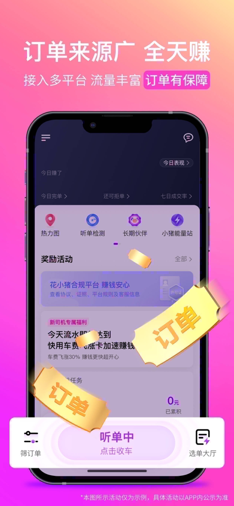 花小猪司机端-车主招募平台首选 - Interfaccia dell'app lato autista Hua Xiao Zhu con statistiche degli ordini e programmi di incentivi