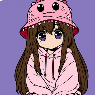 girl with anime shaped eyes with a dinosaur bucket hat oversized sweatshirt long straight hair