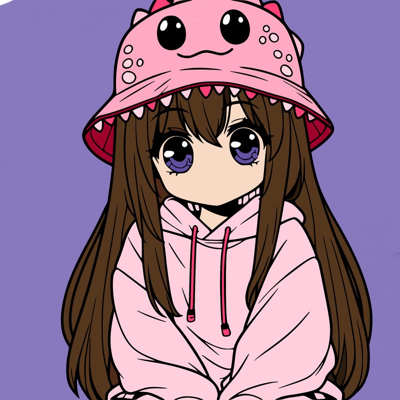 girl with anime shaped eyes with a dinosaur bucket hat oversized sweatshirt long straight hair