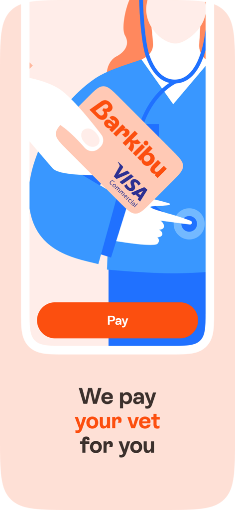 Illustration einer Barkibu Visa-Karte und eines 'Bezahlen'-Buttons mit dem Text 'Wir bezahlen Ihren Tierarzt für Sie'.