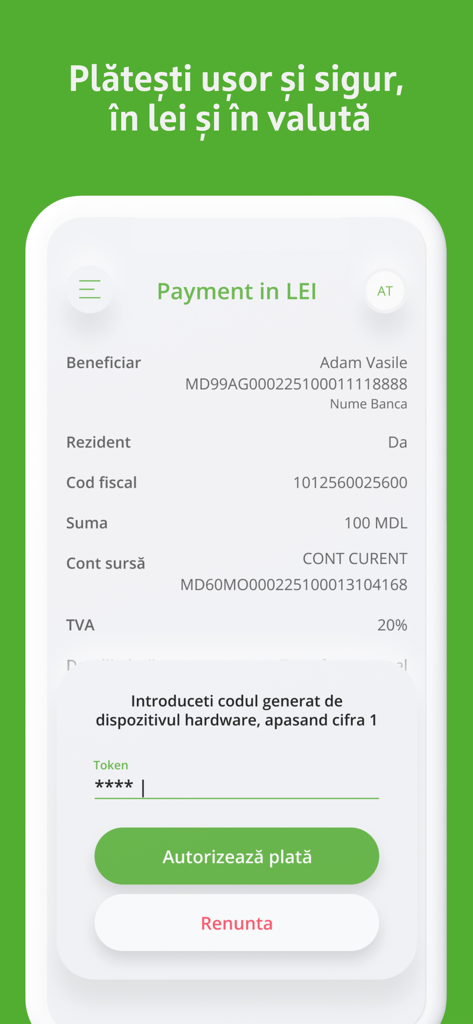 OTP Mobile Banking Moldova - OTP Mobile Banking Moldova app payment authorization screen for MDL transfers with security token verification
