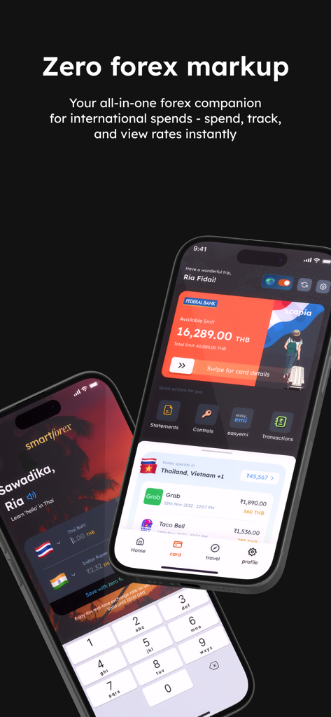 Scapia: A card for travellers - Scapia mobile app dashboard highlighting zero forex markup and international transaction tracking