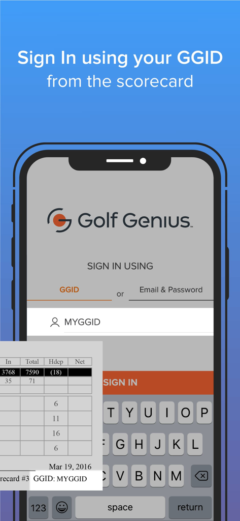 Écran de connexion de l'application Golf Genius montrant comment se connecter à l'aide d'un code GGID figurant sur une carte de score de golf.
