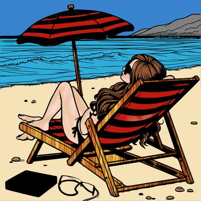 realistic girl laying down on chair at the beach