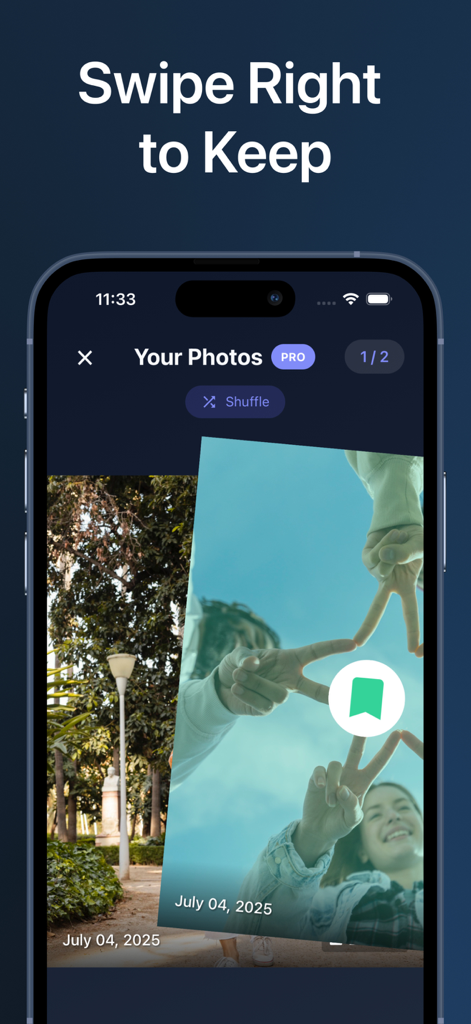 Storage Guru: Phone Cleaner - Interface of Storage Guru app showing a photo being swiped right to keep it in the gallery