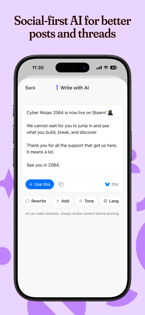 Postpone: Social Media Manager - Ein Smartphone-Bildschirm, der die Postpone App zeigt, wie sie KI verwendet, um einen Social-Media-Beitrag für Steam zu generieren.