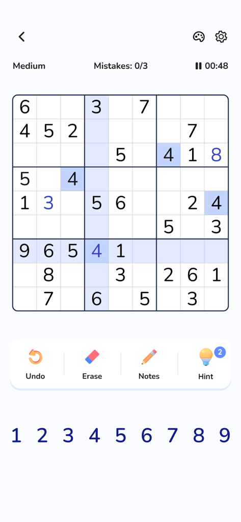 Sudoku: Classic Sudoku Puzzle⋆ - Medium difficulty classic Sudoku puzzle gameplay screen with clean design and helpful tools.