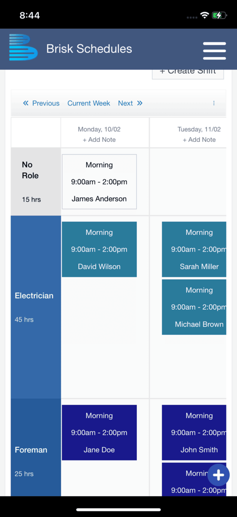 Brisk Schedules - Weekly employee shift schedule organized by job roles in the Brisk Schedules app