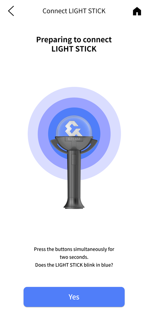 Pantalla de conexión Bluetooth para la aplicación del bastón de luz oficial de &TEAM que muestra instrucciones de emparejamiento