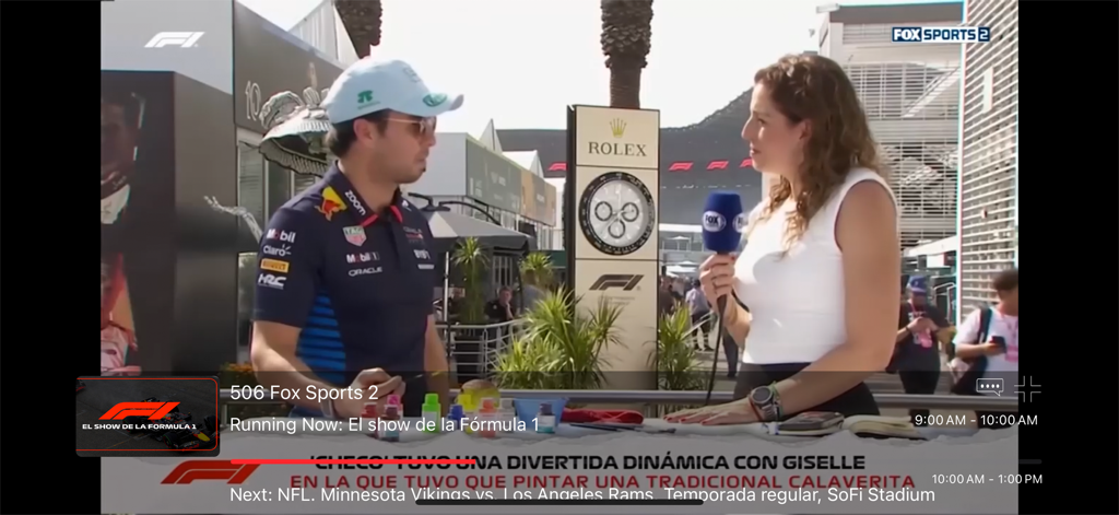 SAT TV+ - SAT TV+ app showing a live Fox Sports 2 interview during the Formula 1 show in Spanish