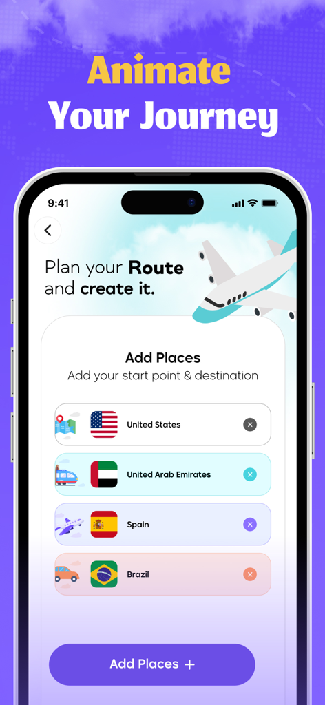 Travel Animator app interface for selecting route destinations with country flags and transportation icons
