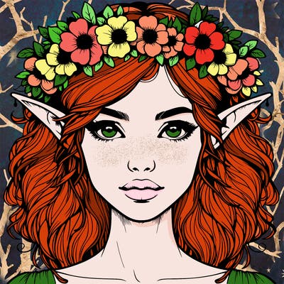 realistic female elf with flower crown