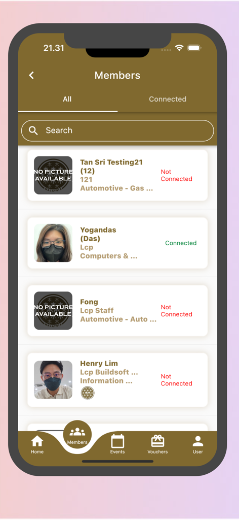 GBA Alliance - GBA Alliance app screen displaying a searchable list of professional members and business connections