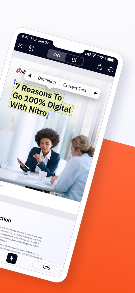 Nitro PDF Pro: Read & Edit - Interface do Nitro PDF Pro mostrando ferramentas de edição de texto em um dispositivo móvel