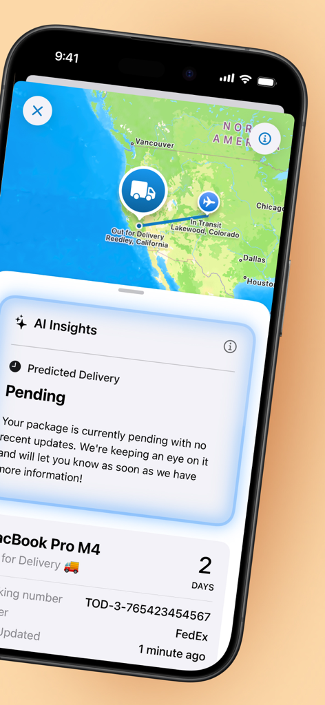 Real time package tracking map and AI delivery insights for a FedEx shipment