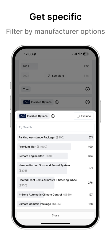Visor app interface showing search filters for manufacturer-installed car options like sound systems and parking packages
