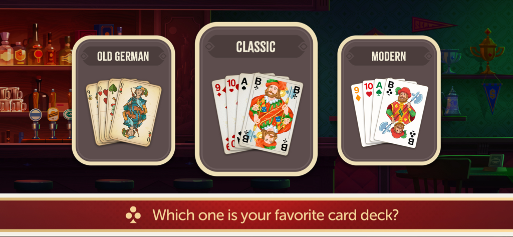 Menu mostrando os designs de baralho de cartas Alemão Antigo, Clássico e Moderno para o jogo Skat Treff.