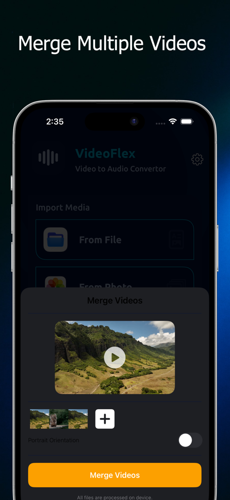 A mobile interface of the VideoFlex app showing the merge multiple videos feature with a clip preview and a button to combine them.