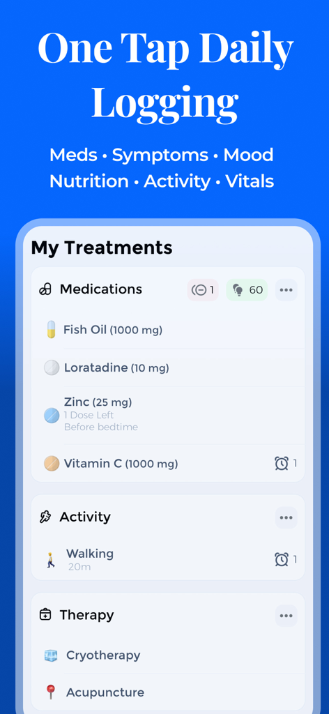 Tracker, Reminder - CareClinic - CareClinic app interface for one tap daily logging of medications activity and therapy