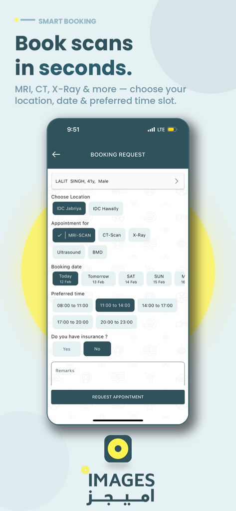 My ImagesDC - Pantalla de la aplicación móvil para reservar escaneos de diagnóstico médico, que incluyen resonancia magnética y tomografía computarizada en Images Diagnostic Center en Kuwait
