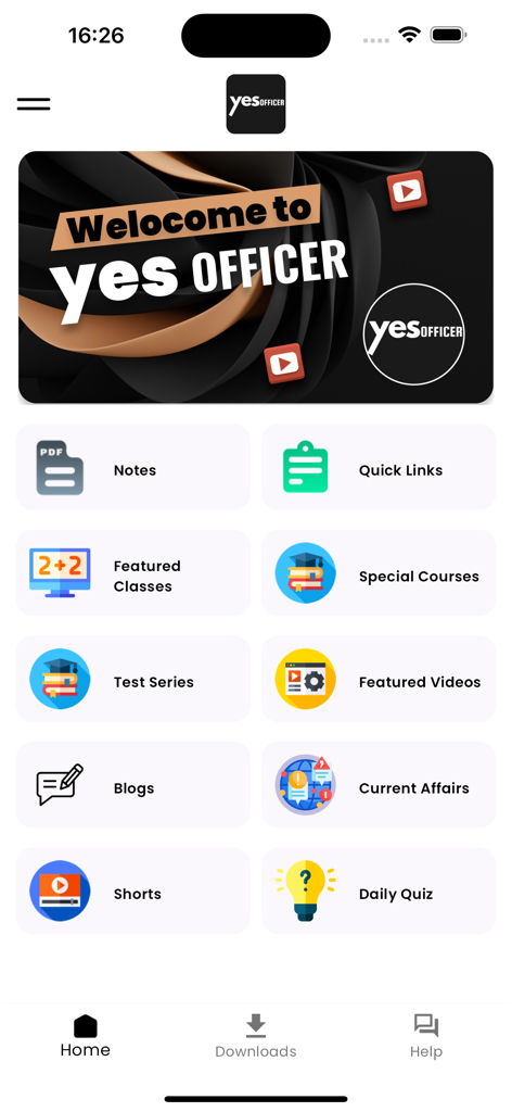 Yes Officer app home screen displaying categories for banking exam preparation including test series and current affairs
