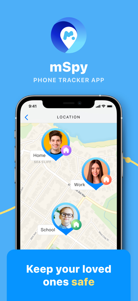 Interfaz de la aplicación mSpy Lite que muestra el rastreo de ubicación familiar en tiempo real en un mapa con etiquetas para el hogar, el trabajo y la escuela