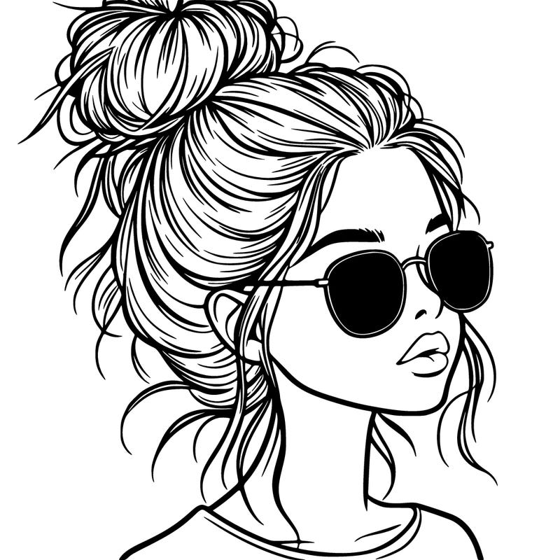 a realistic looking girl with sunglasses and a high messy bun