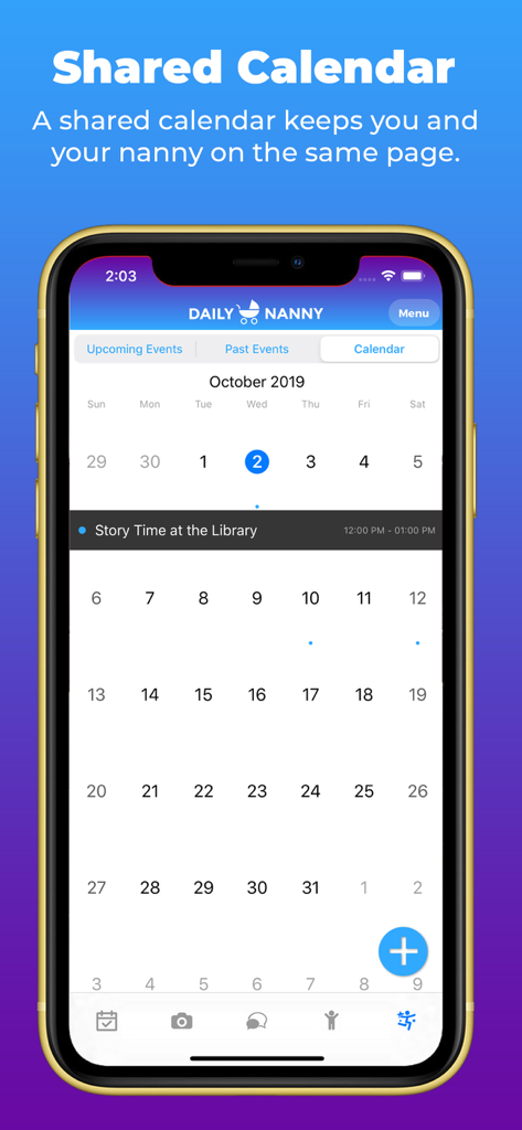 Daily Nanny - A shared calendar interface in the Daily Nanny app showing scheduled events for parents and caregivers