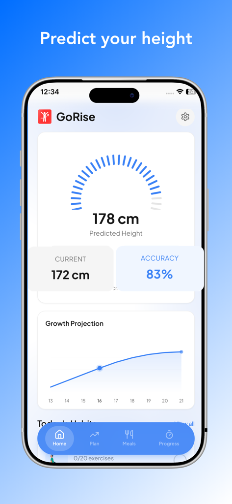 GoRise - Increase Your Height - GoRise app dashboard showing predicted height of 178 cm and a growth projection chart