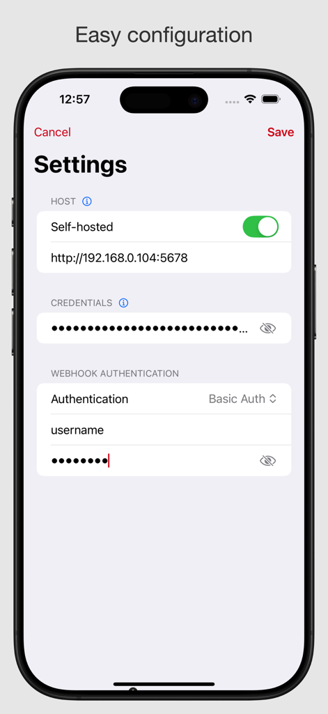 n-eight-n Workflows - Tela de configurações do aplicativo n-eight-n Workflows mostrando configuração de host e autenticação para instâncias auto-hospedadas