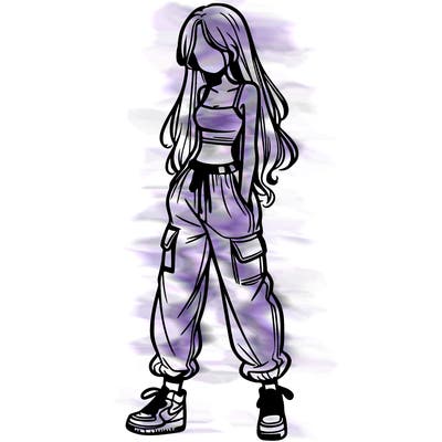 girl in baggy pants crop top and long hair