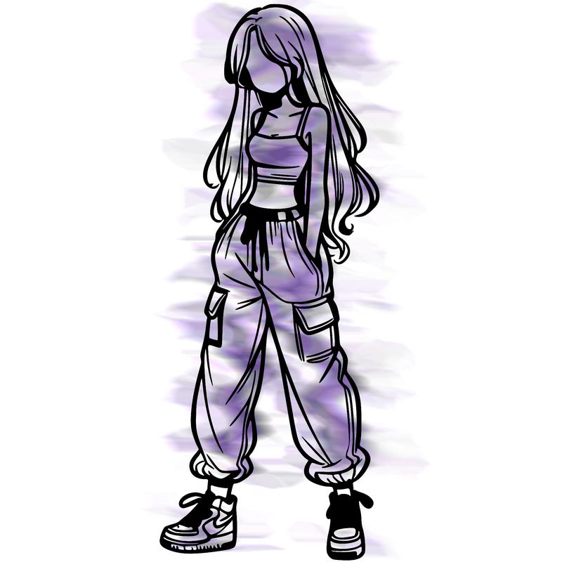 girl in baggy pants crop top and long hair