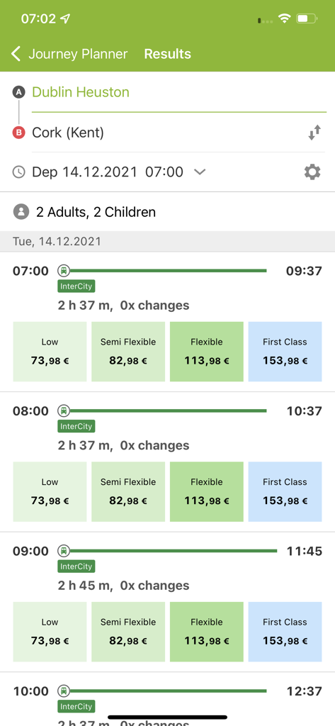 Capture d'écran de l'application Irish Rail affichant les horaires de départ des trains et les prix des billets pour un trajet de Dublin à Cork