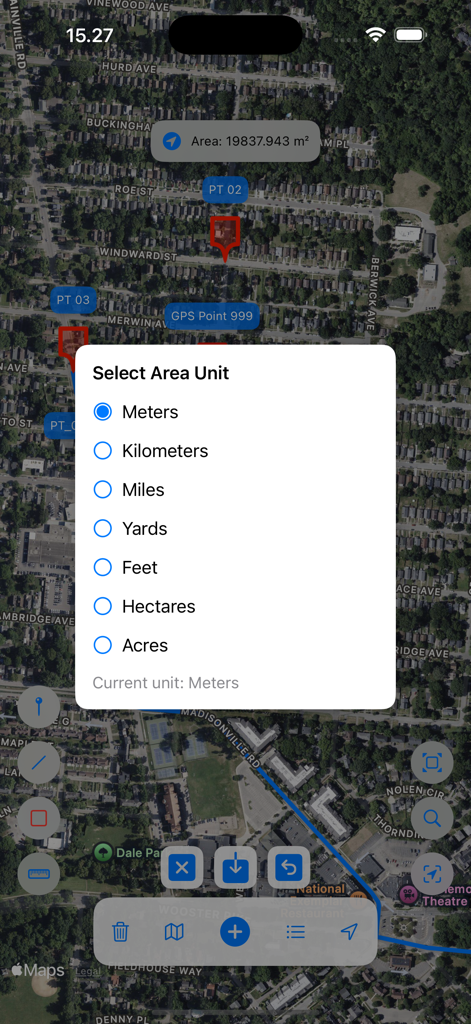 Tela do aplicativo UTM Maps mostrando o menu de seleção de unidades de área sobre uma medição de mapa de satélite