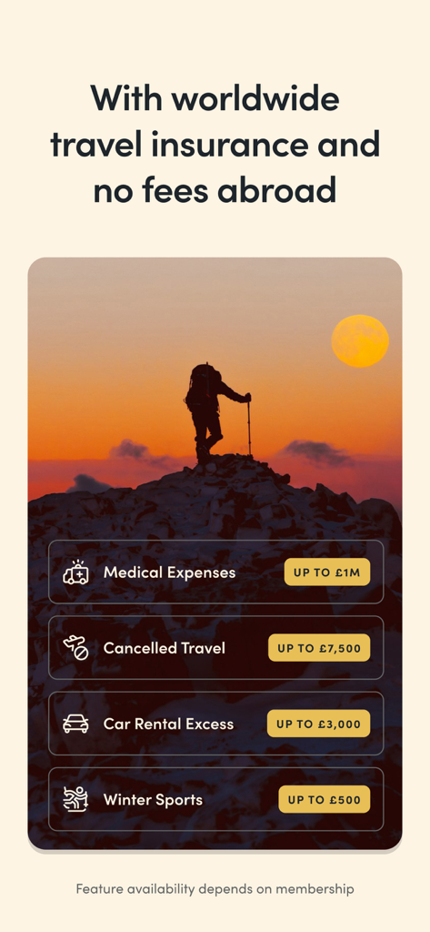 Yonder app screen showing worldwide travel insurance benefits including medical expenses and car rental excess coverage