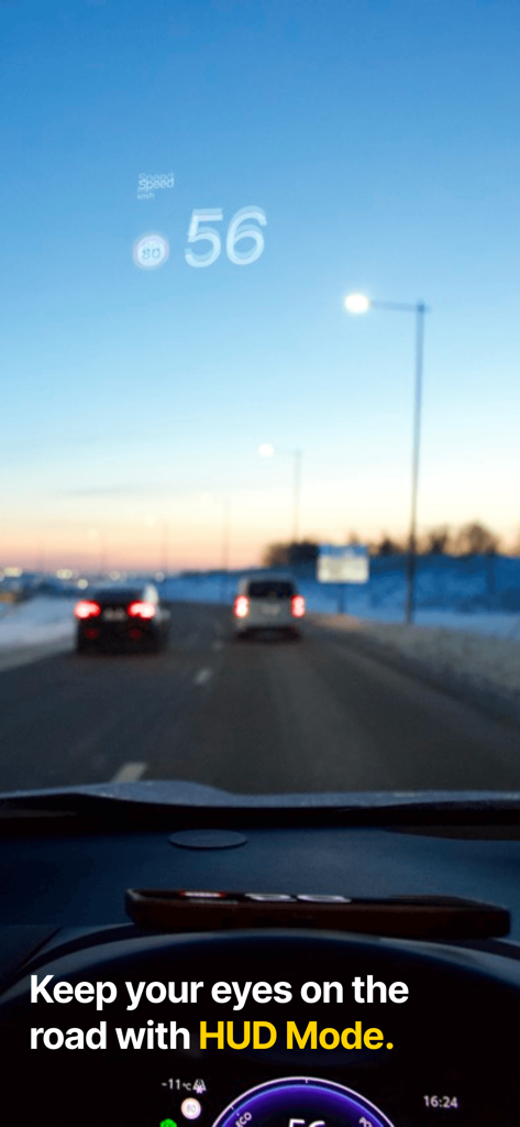 NordHUD - Heads-Up Display - Heads-up display showing speed and speed limit reflected on a car windshield.