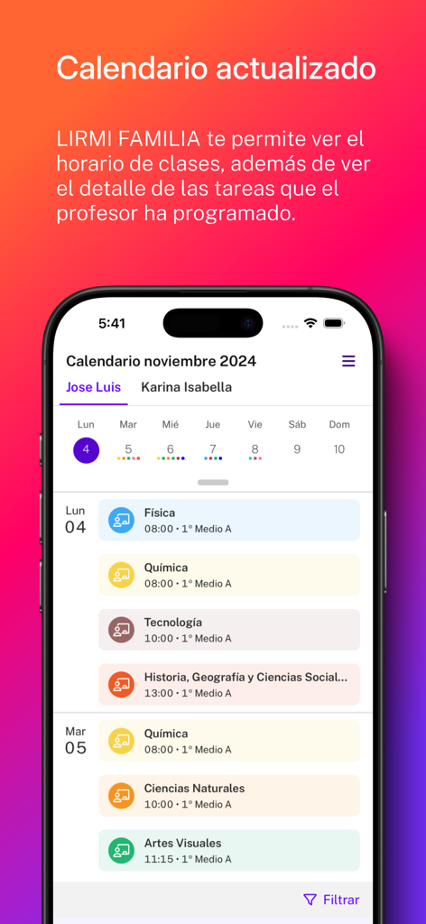 Lirmi Familia - L'application Lirmi Familia affichant un calendrier scolaire hebdomadaire avec les emplois du temps quotidiens des classes pour les élèves.