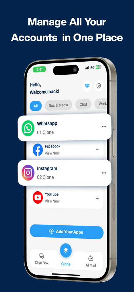 Panel de la aplicación Dual Space mostrando cuentas clonadas para WhatsApp e Instagram