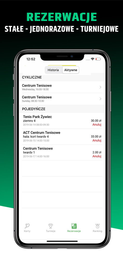 Interfaccia dell'app mobile che mostra un elenco di prenotazioni di campi da tennis attive e ricorrenti con date e prezzi.