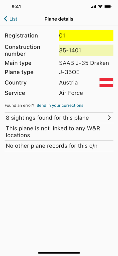 Plane DB - Información técnica detallada y avistamientos de un SAAB J-35 Draken en la aplicación Plane DB.