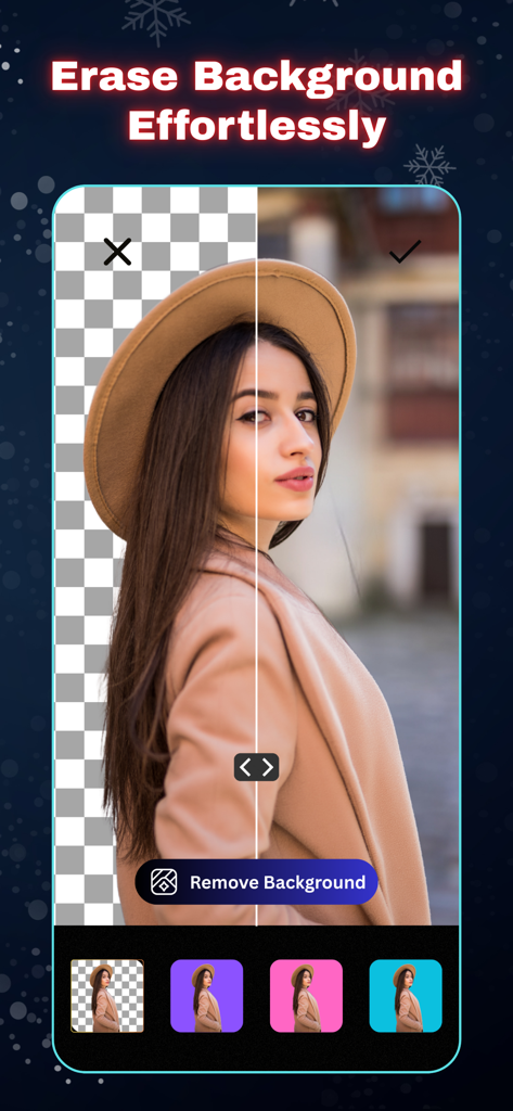 PhotoRoom+ - PhotoRoom+ app interface showing the background removal tool with a before and after slider on a portrait photo