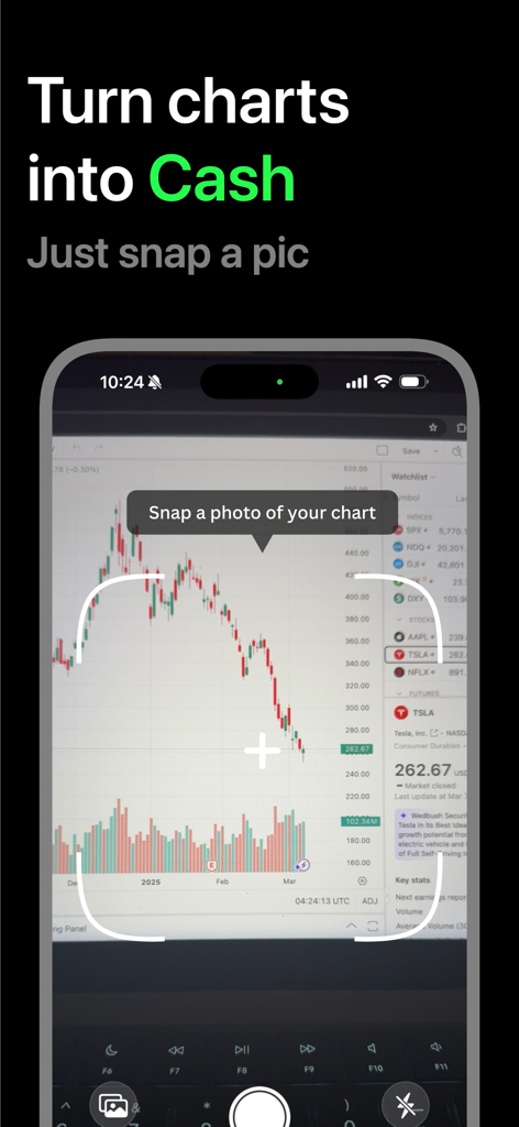 Chart AI - Trading Analyzer - Un smartphone usando Chart AI para tomar una foto de un gráfico de acciones para análisis técnico