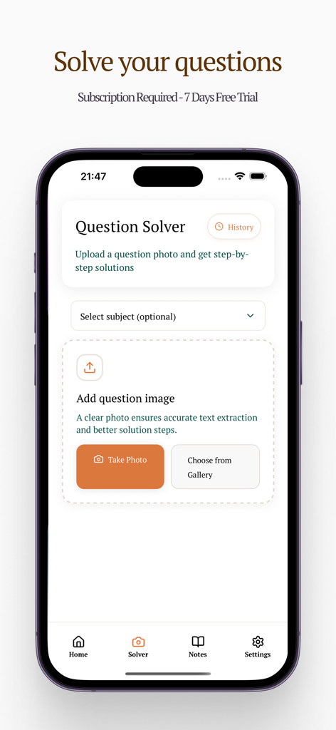Interface of the Ozard Exam Assistant app showing the AI question solver feature with photo upload options